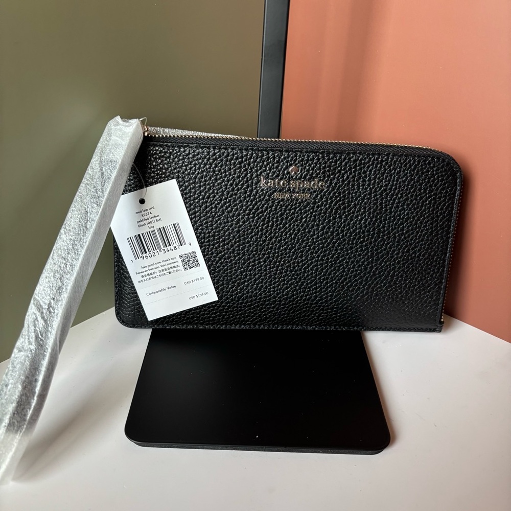 KATE SPADE Lucy Medium L-Zip Black Leather Wristlet